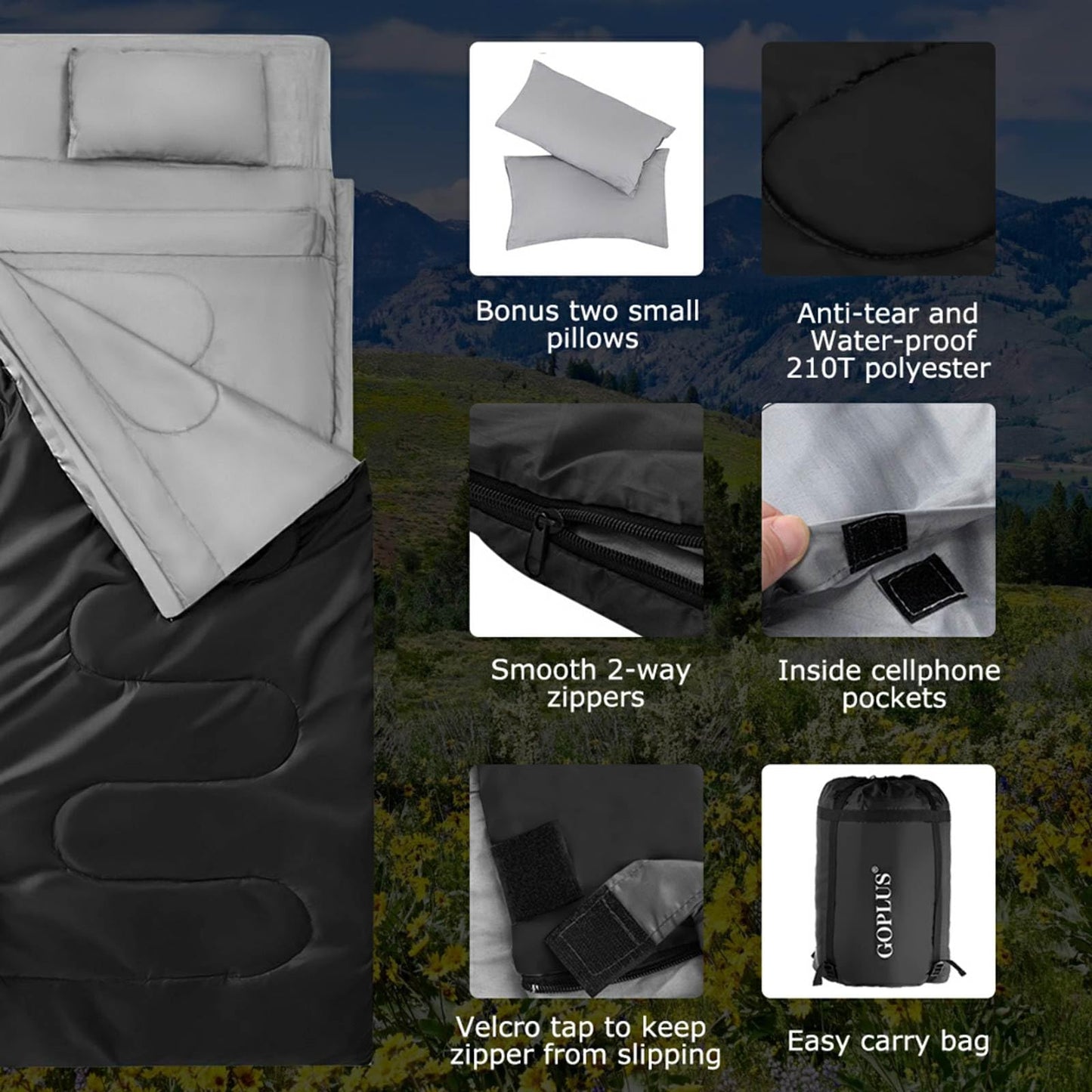 Double Sleeping Bag for 2 Persons with 2 Pillows for Cold & Hot Weather