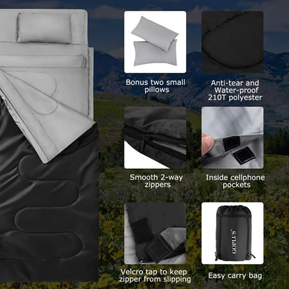Double Sleeping Bag for 2 Persons with 2 Pillows for Cold & Hot Weather