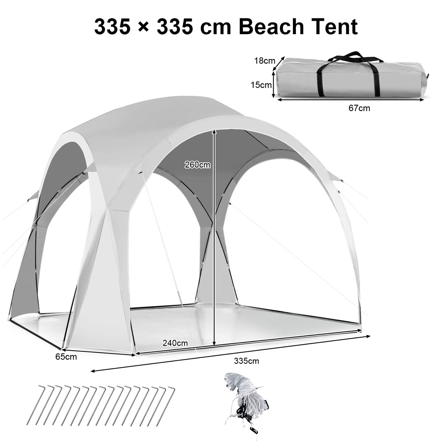 335cm x 335cm Large Sun Shelter for 6-8 People UPF50+ Beach Tent