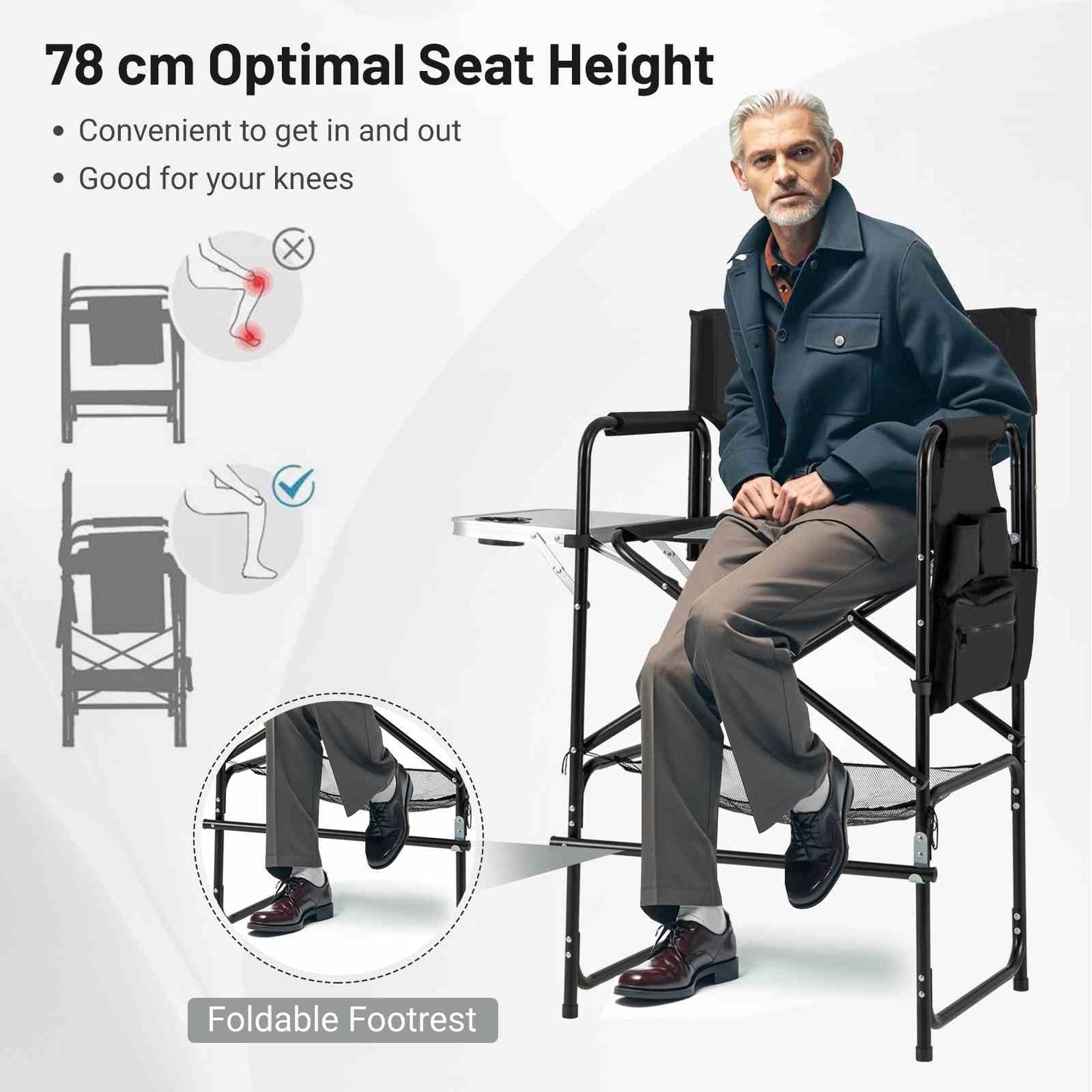 116.5 cm Tall Directors Chair with Foldable Side Table & Footrest
