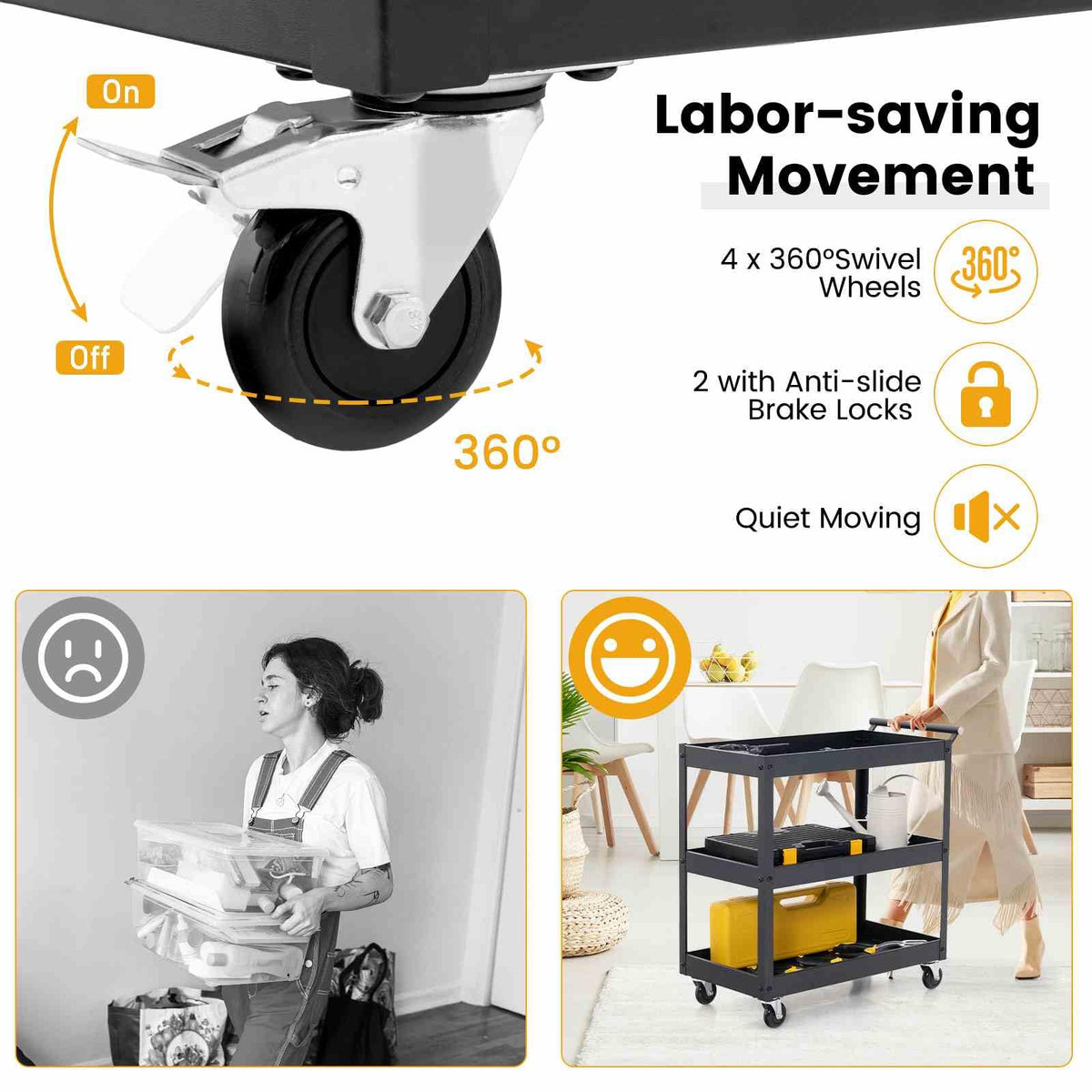 3-Tier Utility Cart with Humanized Handle for Office, Kitchen