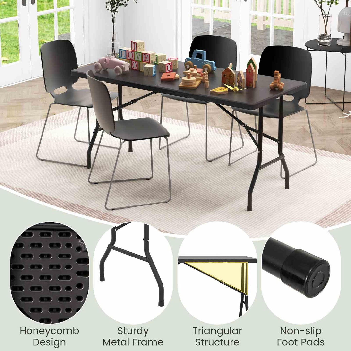 Outdoor Dining Table w/Wood Grain HDPE Tabletop 4-6 Person Camping Table