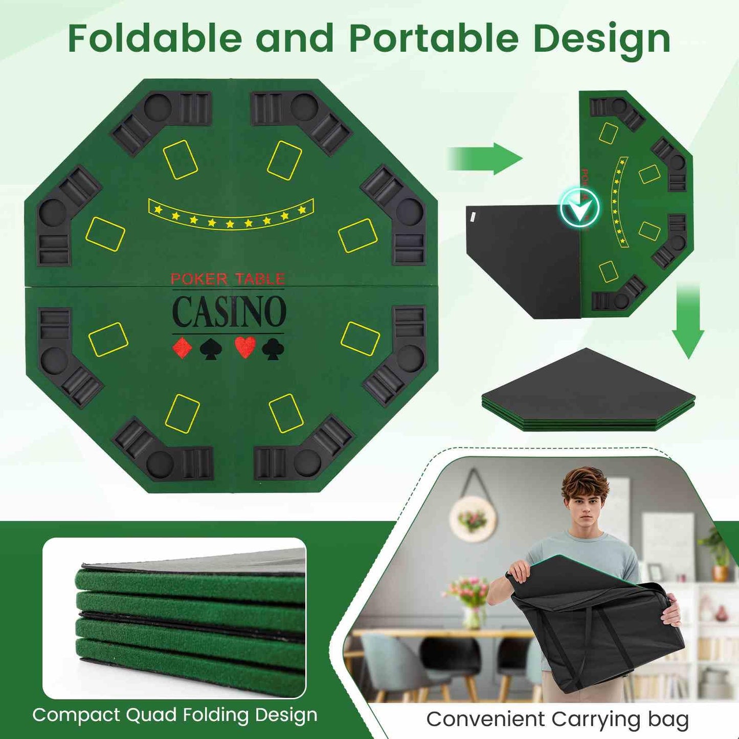 1.2M Poker Table Top 8 Player Foldable Texas Holdem Poker Table Topper w/Carrying Bag