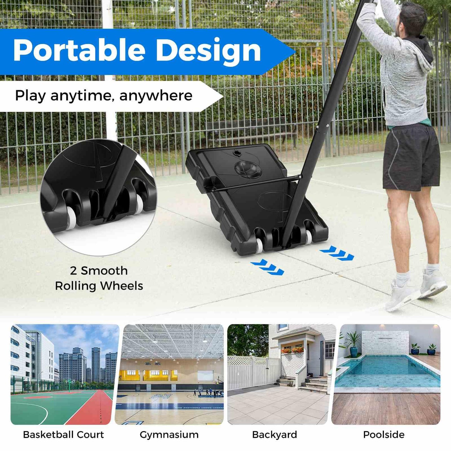Adjustable Basketball Hoop with Shatterproof Backboard and 2 Wheels