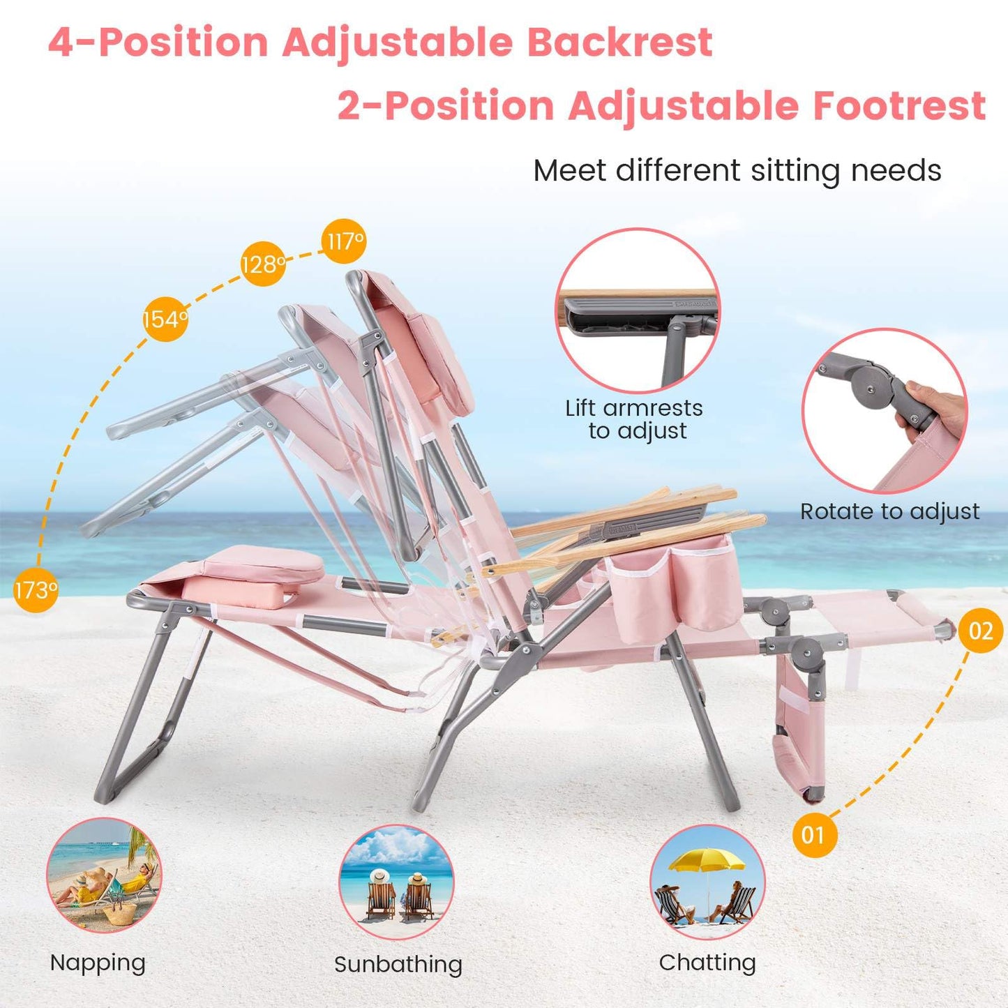 3-IN-1 Foldable Beach Chair with Face Hole and Footrest for Camping Poolside