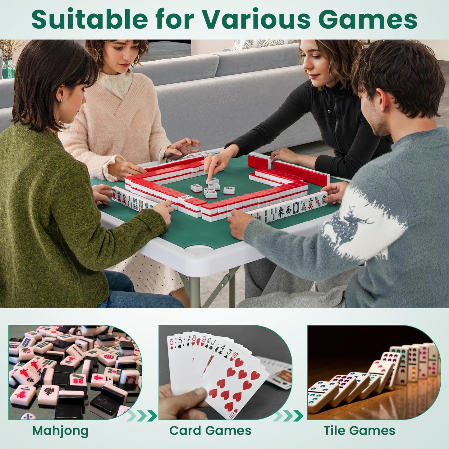 90cm Folding Mahjong Table Portable with Felt Mat and Cup Holders