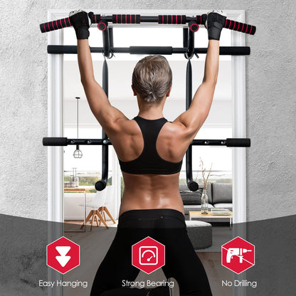 Portable Doorway Pull Up Bar Hanging Fitness Door Trainer w/Power Ropes & Dip Station
