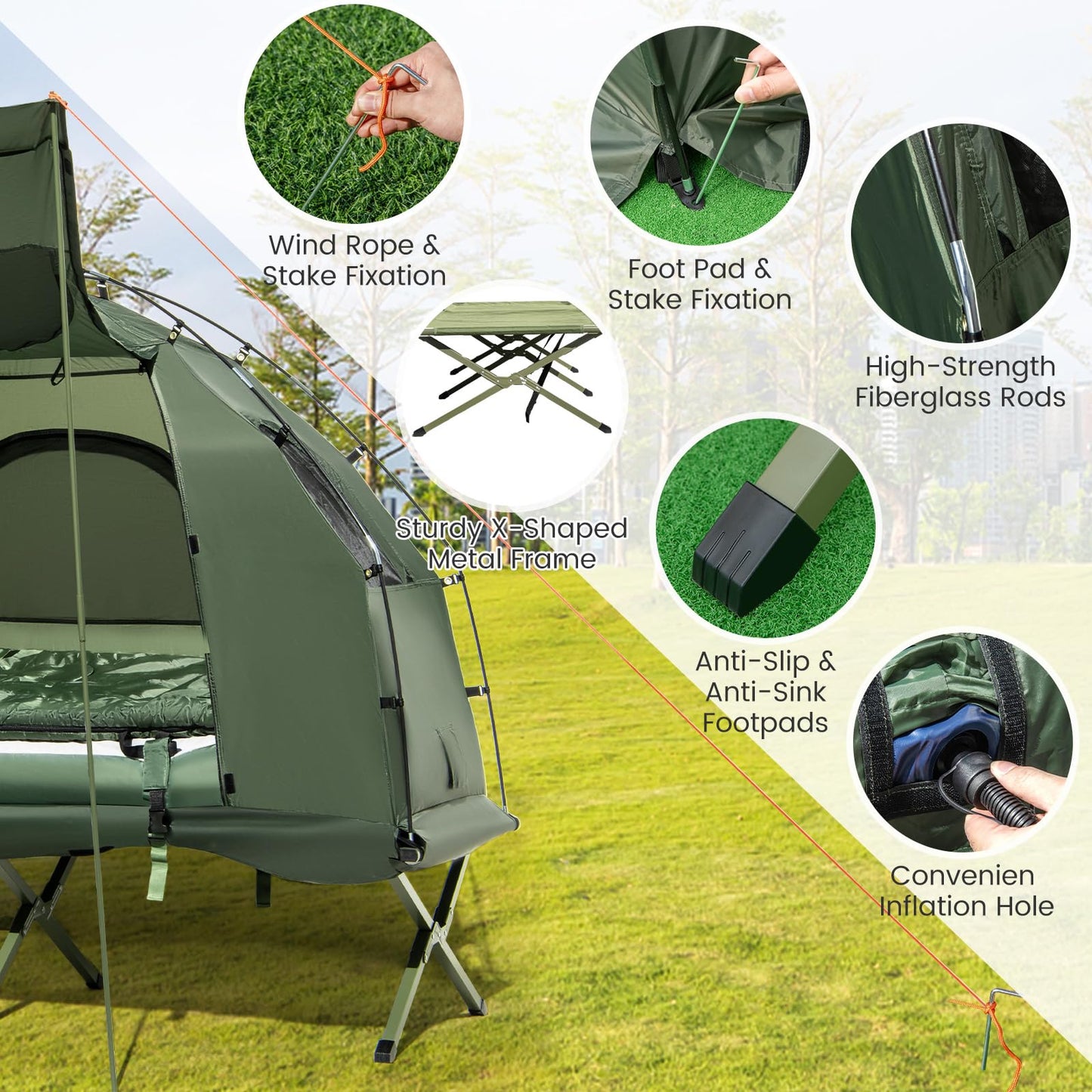 5 in 1 Foldable Camping Tent with Air Mattress and Sleeping Bag 1-Person Camping Tent Cot