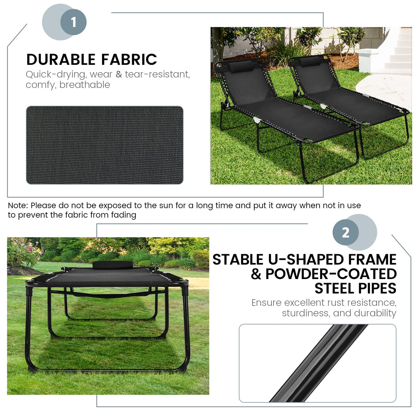 Beach Lounge Chair, X-Large Folding Chaise Lounger with Detachable Pillow