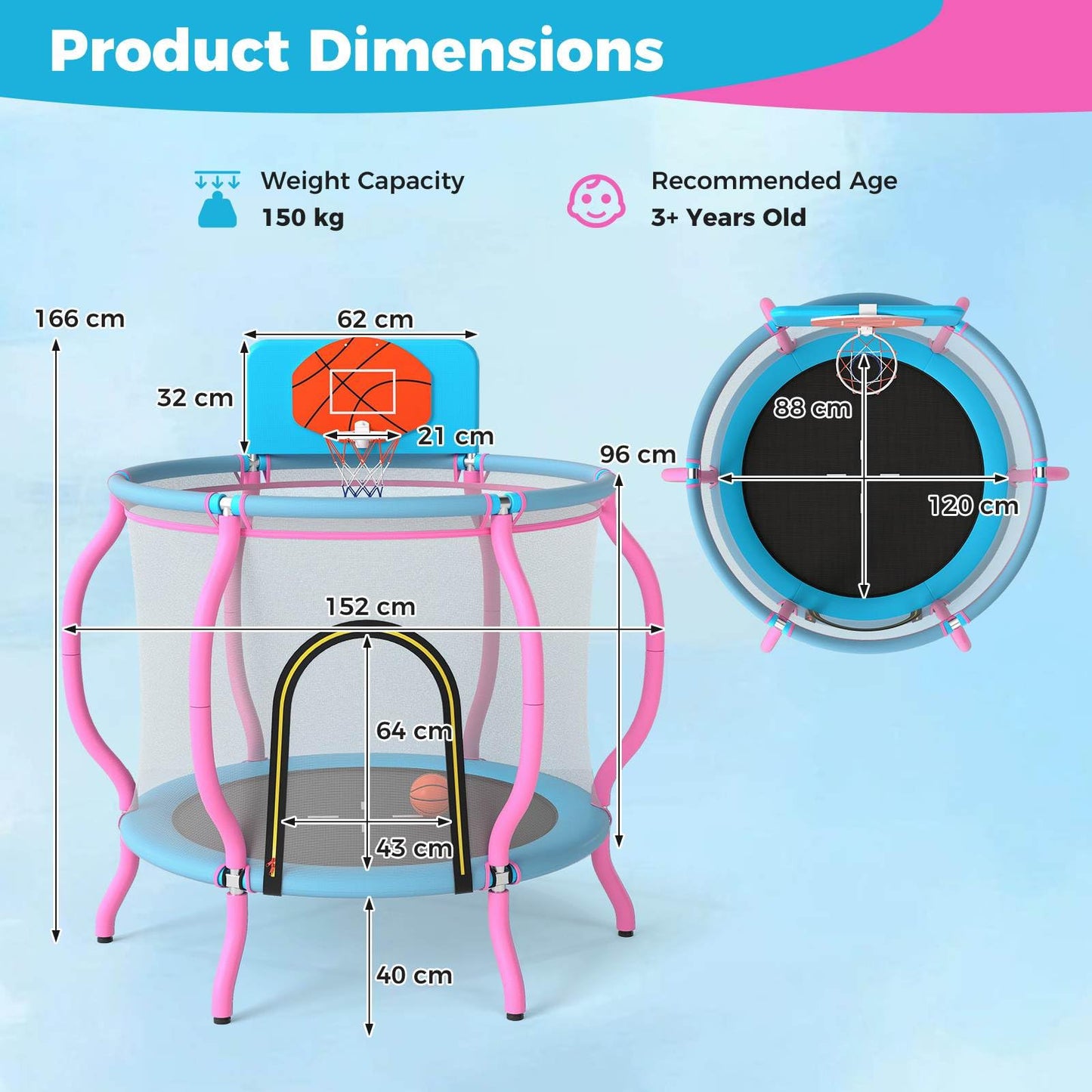 120cm Kids Trampoline with Basketball Hoop and Tall Enclosure Net