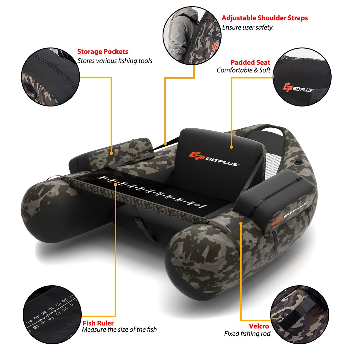 Inflatable Fishing Float Tube with Inflatable Seat Adjustable Backrest