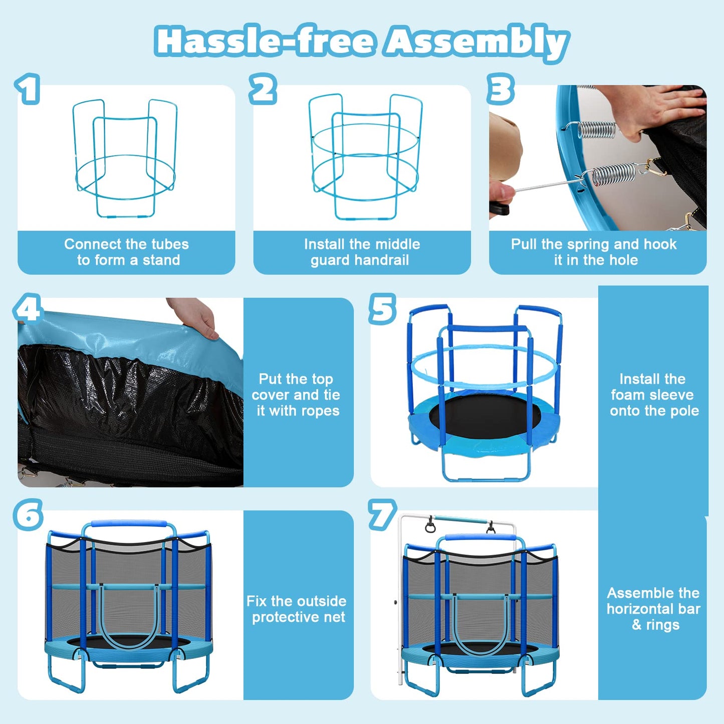 60" Trampoline for Kids with Ring and Horizontal Bar for 3-7 Ages
