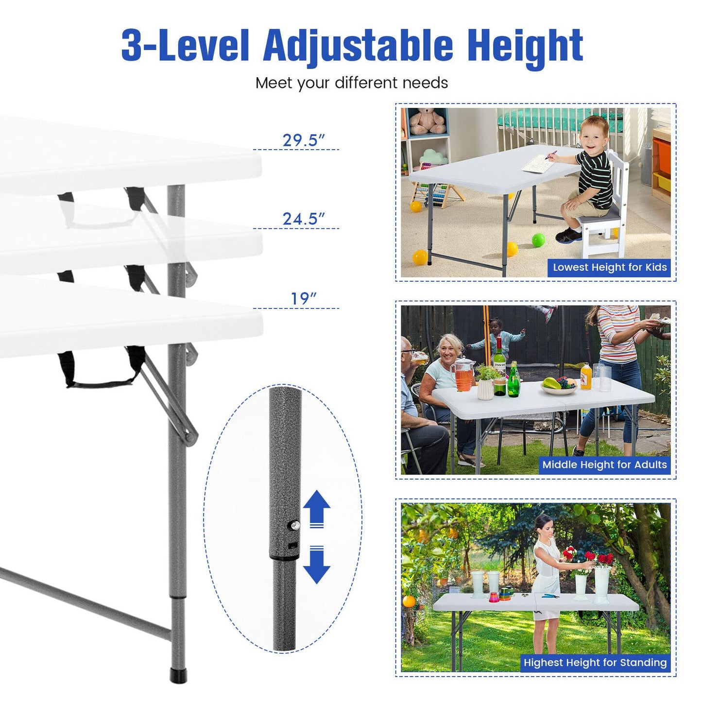 Portable Bi-fold Picnic Table with 3-Level Height Adjustment Carrying Handle