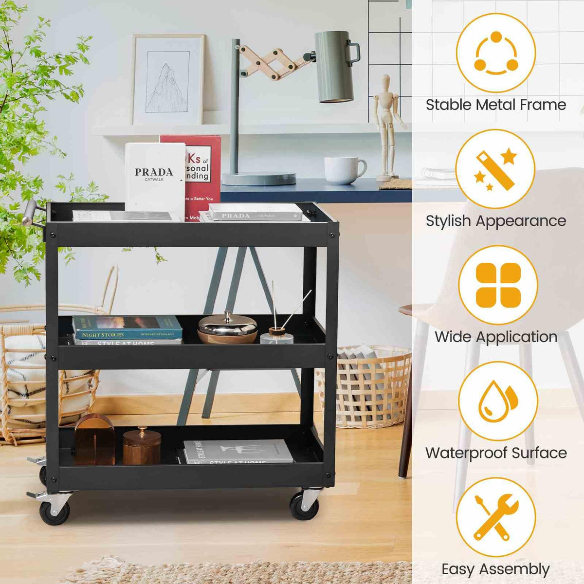 3-Tier Utility Cart with Humanized Handle for Office, Kitchen