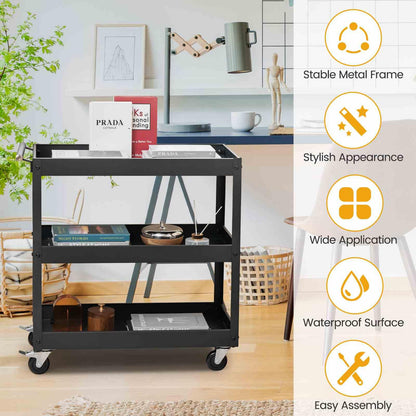 3-Tier Utility Cart with Humanized Handle for Office, Kitchen