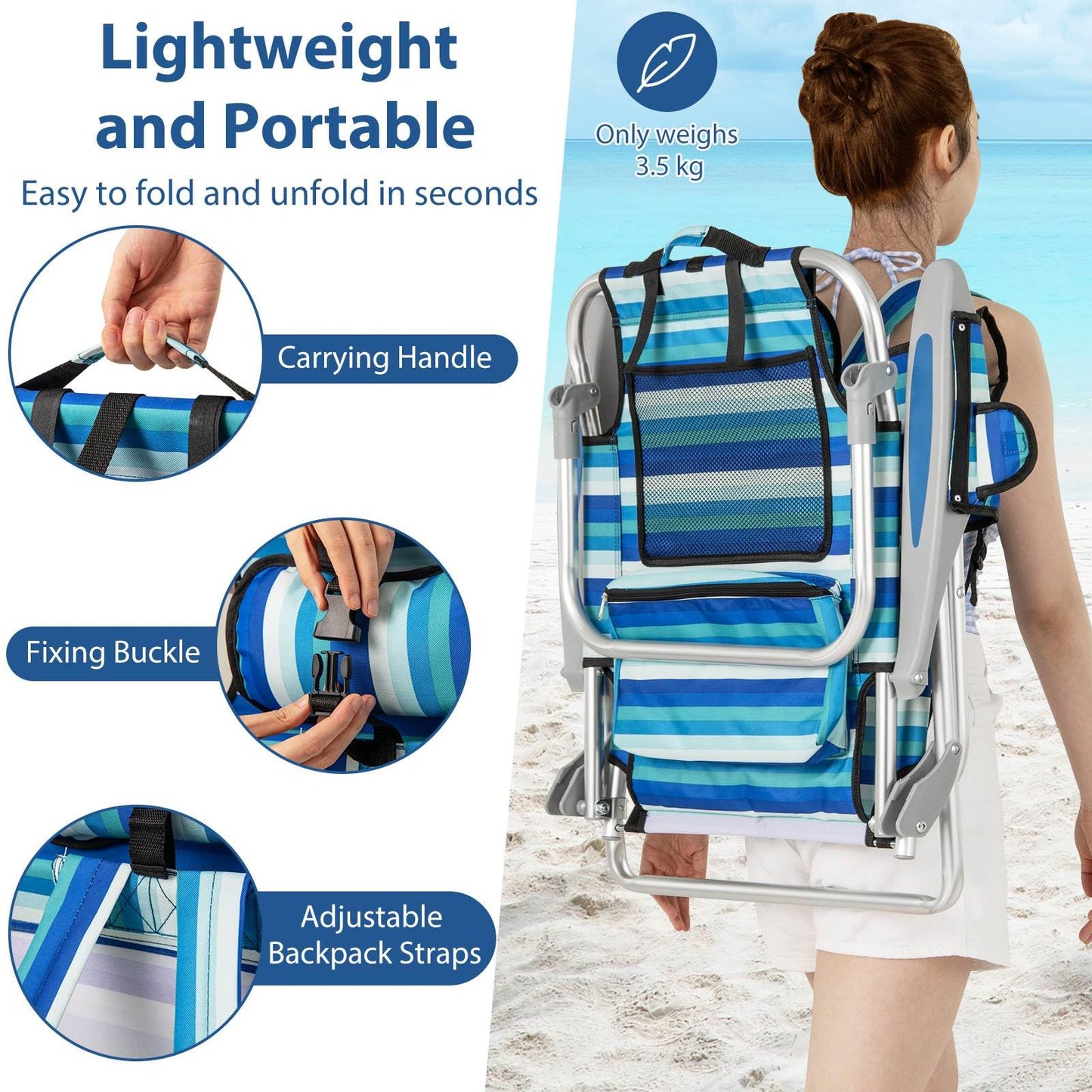 Folding Beach Chair for Adults with 4-Position Adjustable Backrest