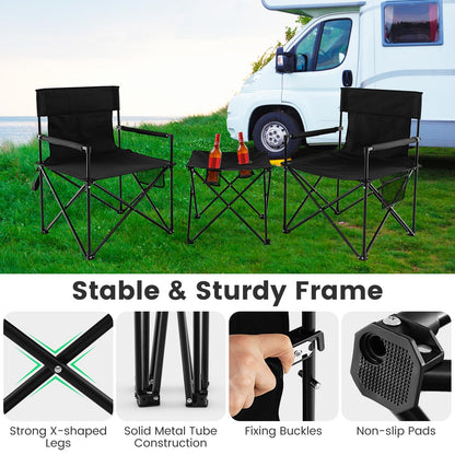 Portable Lawn Chairs & Side Table with 2 Cup Holders Storage Pockets