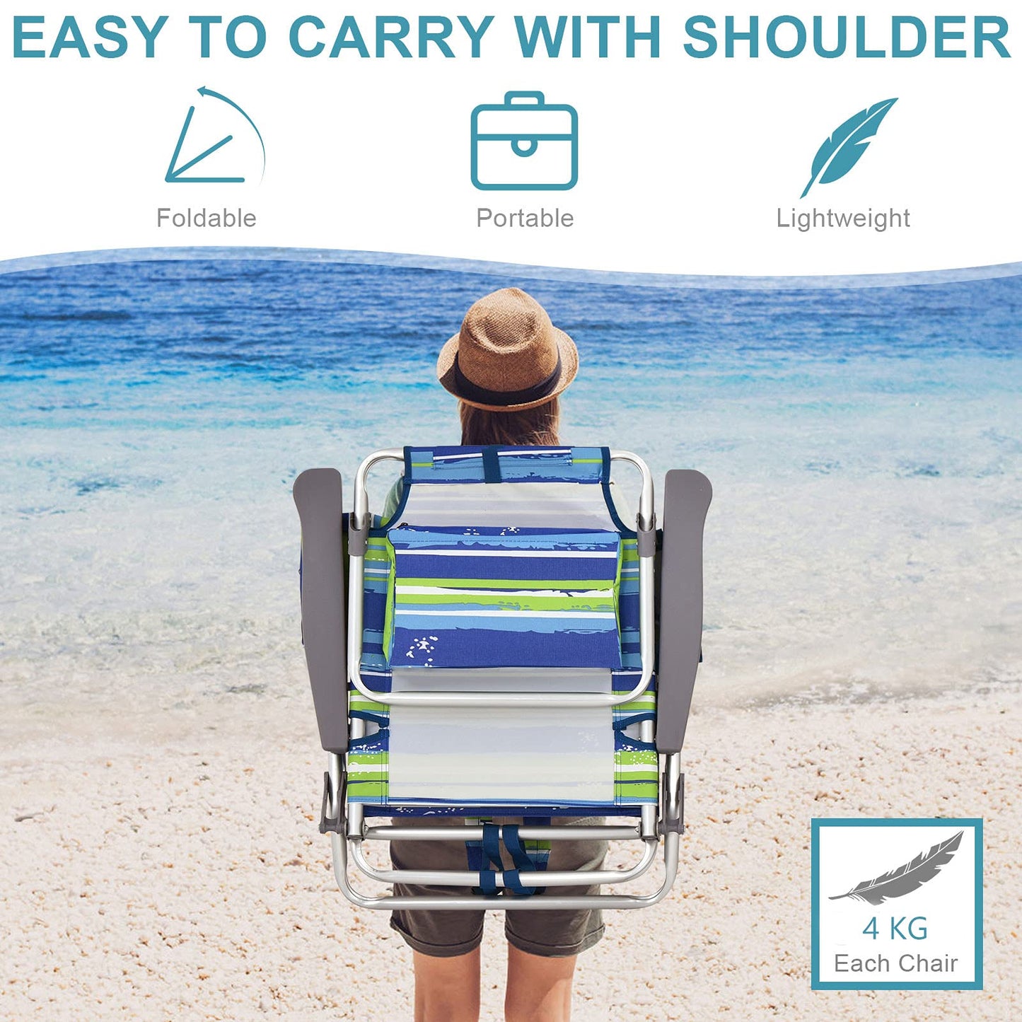 2-Pack Folding Backpack Beach Chair 5-Position Outdoor Reclining Chairs with Pillow