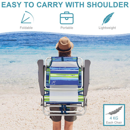 2-Pack Folding Backpack Beach Chair 5-Position Outdoor Reclining Chairs with Pillow