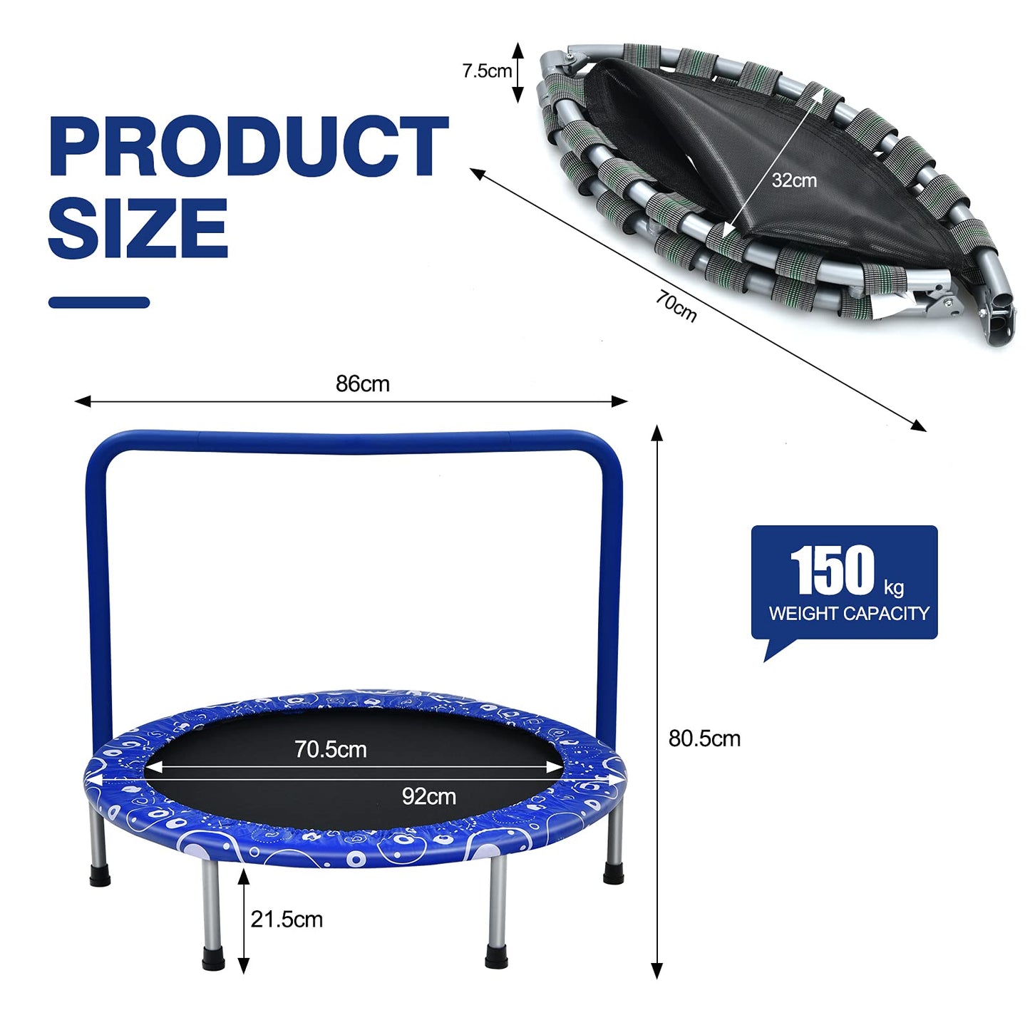 36” Kids Trampoline, Foldable Mini Rebounder with Full Covered Handle and Safety Pad
