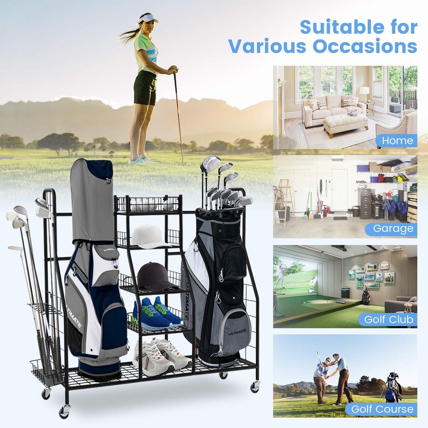 Golf Bag Organizer with Lockable Wheels for Garage