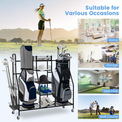 Golf Bag Organizer with Lockable Wheels for Garage