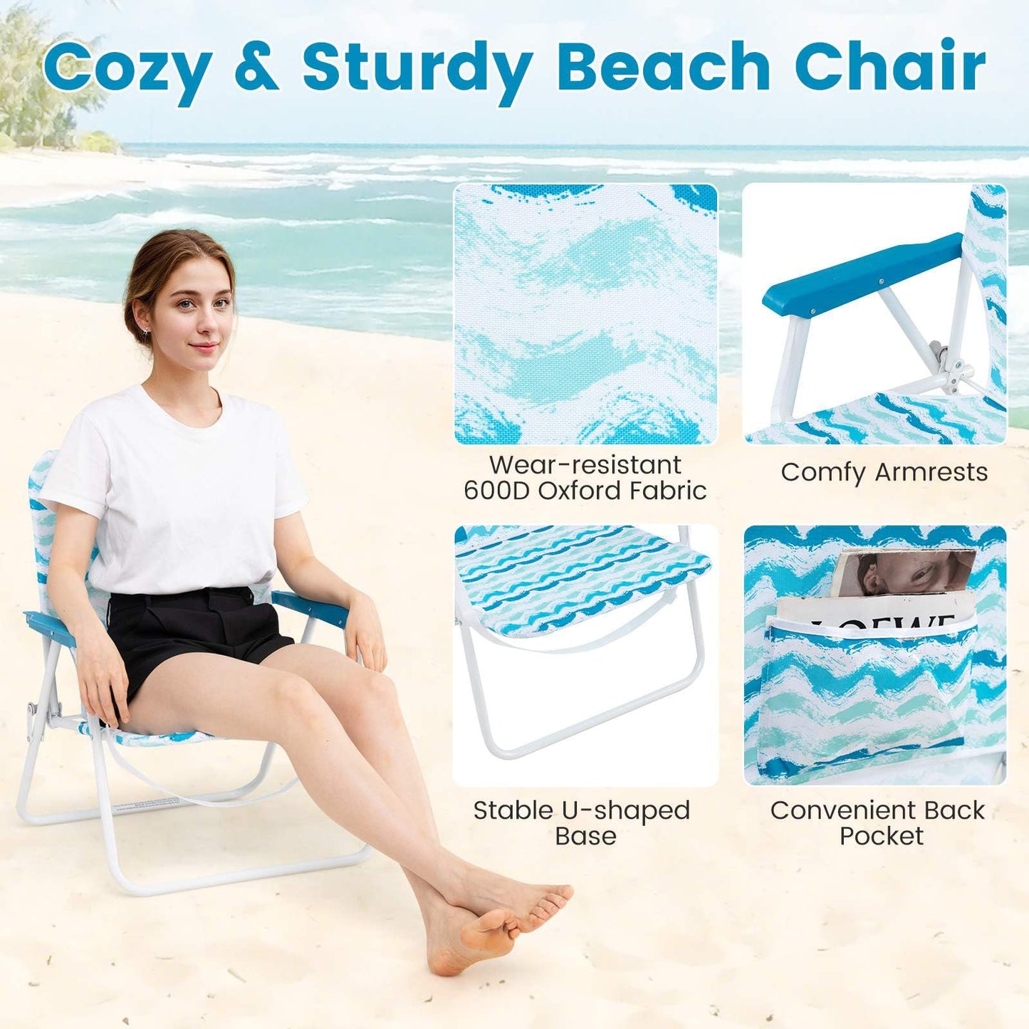 4 Pieces Beach Umbrella Set with 2 Foldable Chairs and Picnic Blanket
