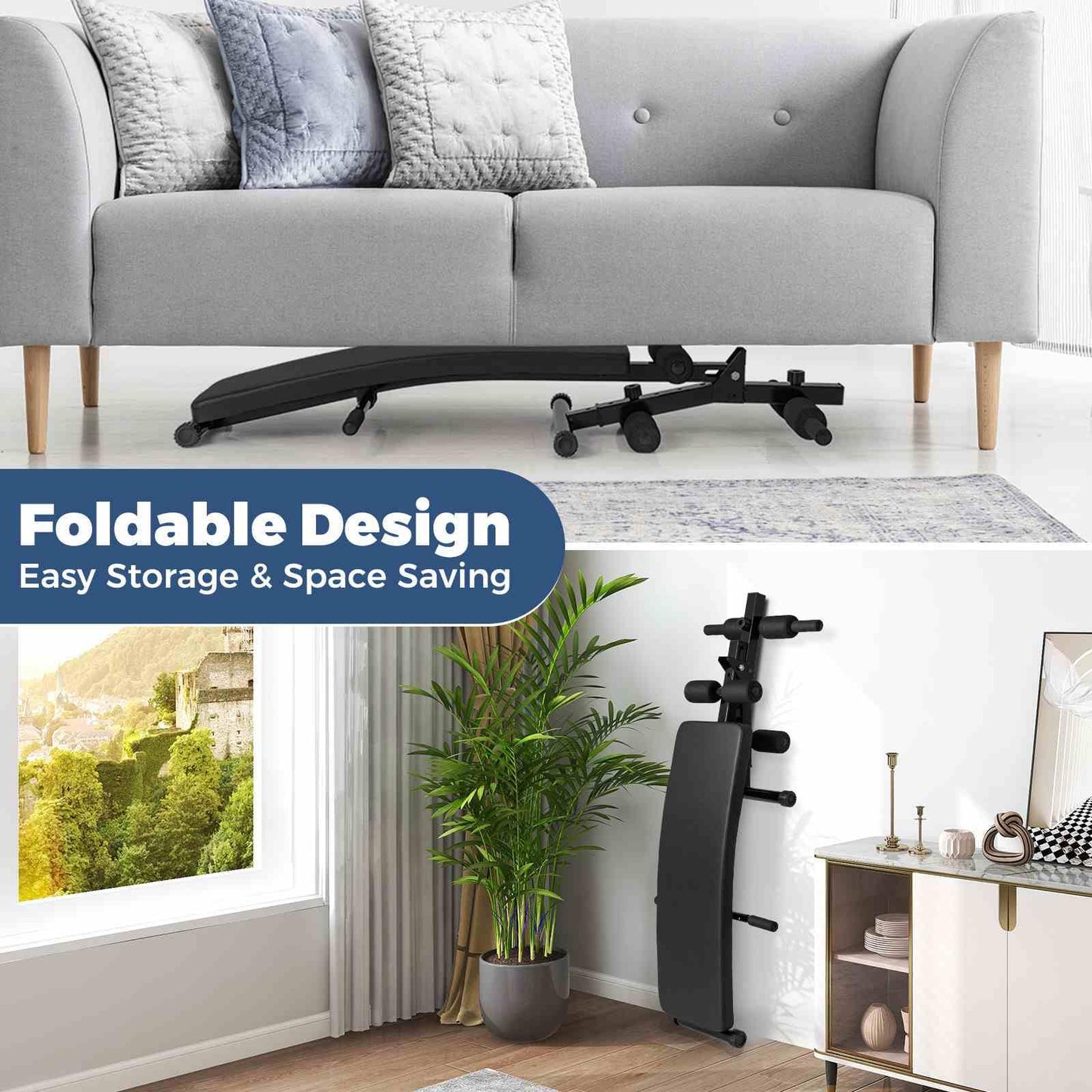 Foldable Decline Sit Up Bench 5-Level Adjustable Curved Slant Board Ab Exercise Bench w/Speed Ball