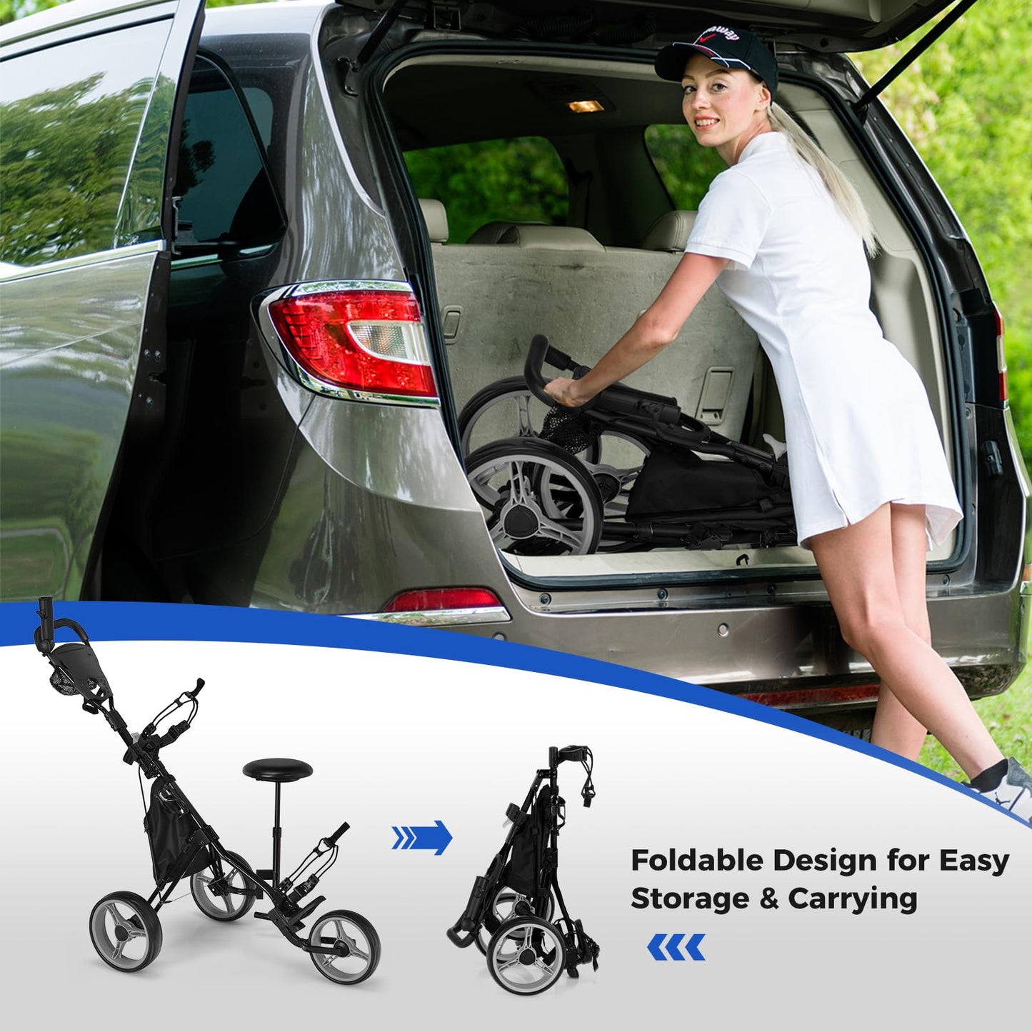 Golf Push Pull Cart Lightweight 3 Wheels Golf Push Cart