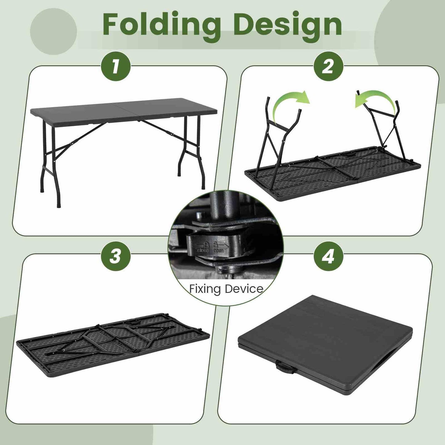 Outdoor Dining Table w/Wood Grain HDPE Tabletop 4-6 Person Camping Table