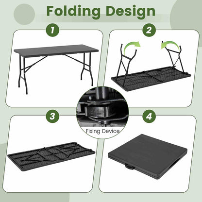 Outdoor Dining Table w/Wood Grain HDPE Tabletop 4-6 Person Camping Table