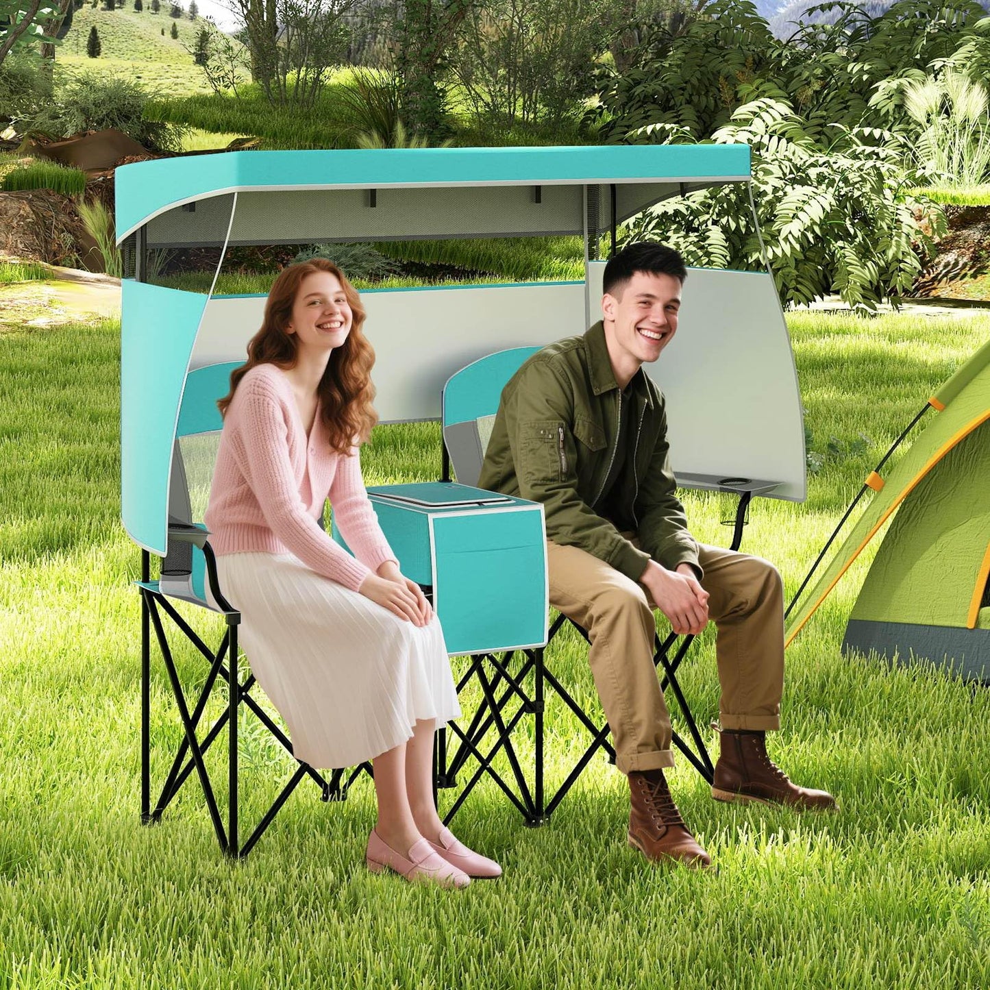 Double Beach Chair with Adjustable Canopy and 3 -Side Shading Curtains