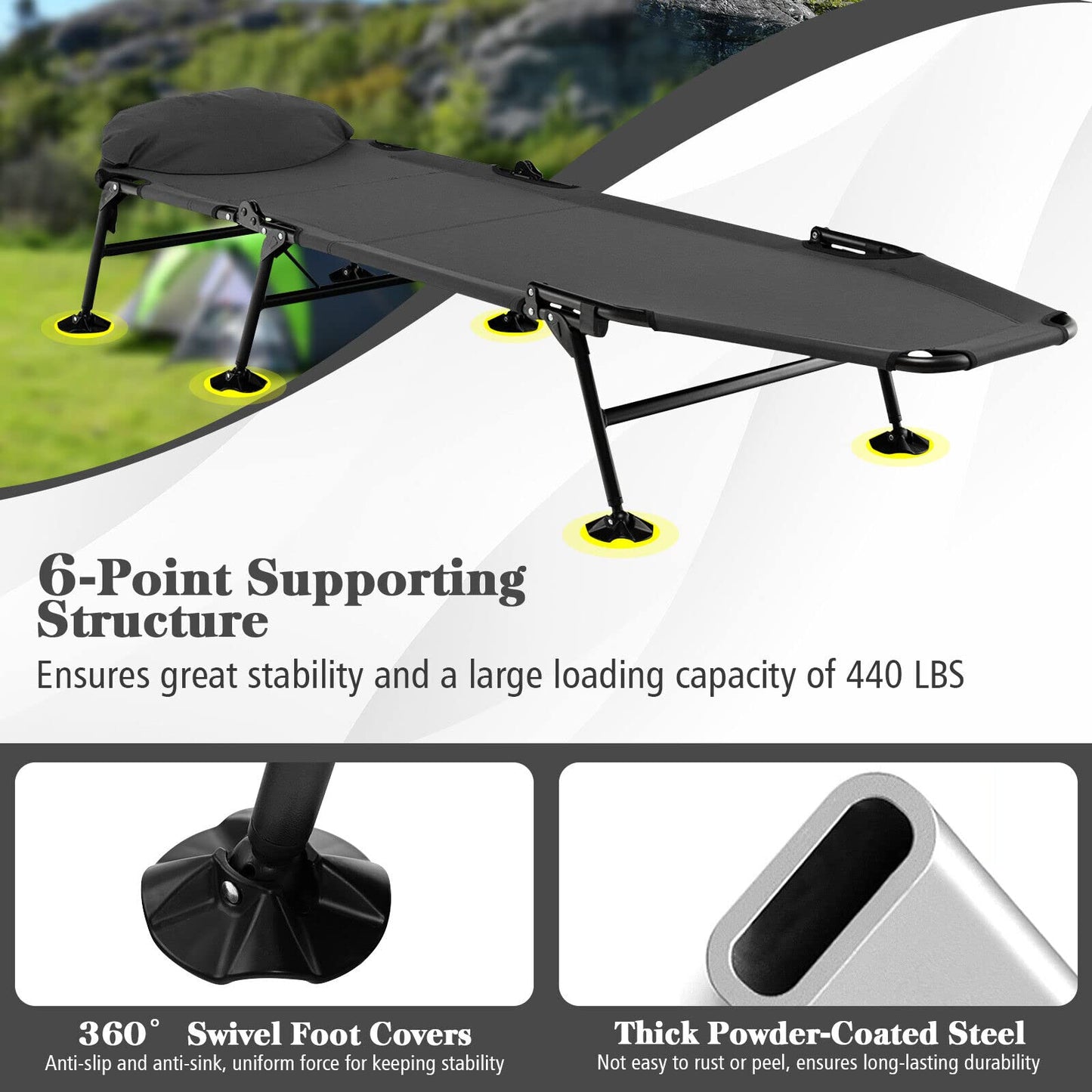 Folding Camping Cot With Detachable Mattress 360° Swivel Foot Cover