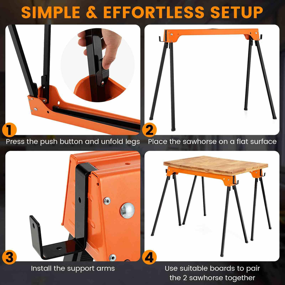 Pack of 2 Folding Sawhorses with Convenient Handle and Lightweight Tool Stands