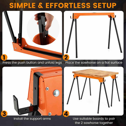 Pack of 2 Folding Sawhorses with Convenient Handle and Lightweight Tool Stands