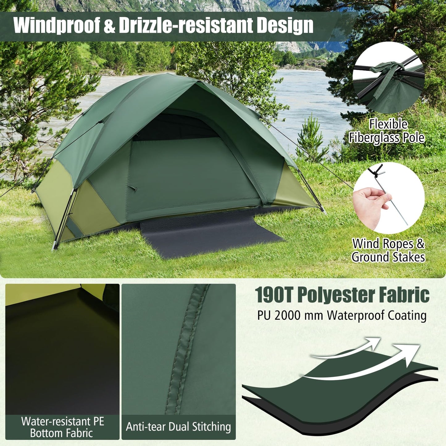 2-Person Camping Tent with Removable Rain Fly Double-Layer Door