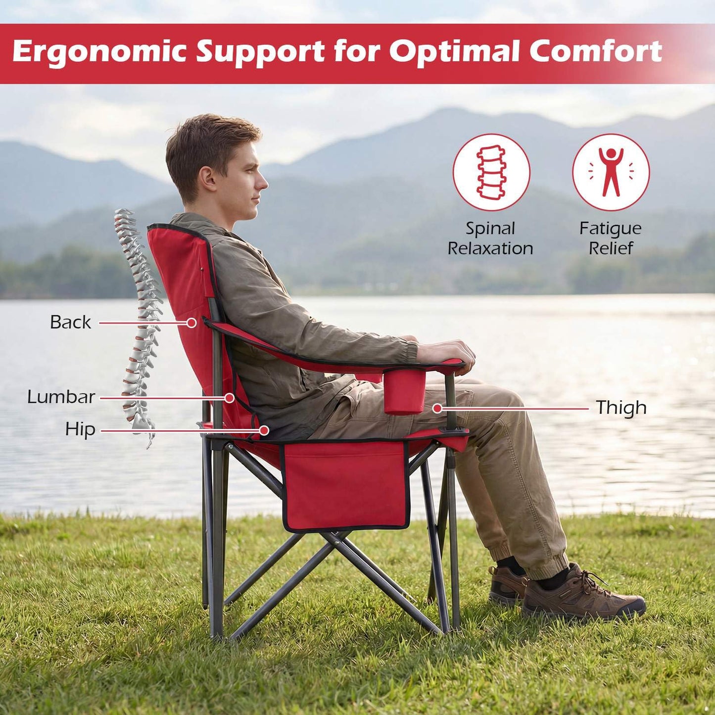 Oversized Camping Chair, Portable Folding Chair with Zippered Cooler Pouch & Cup Holder