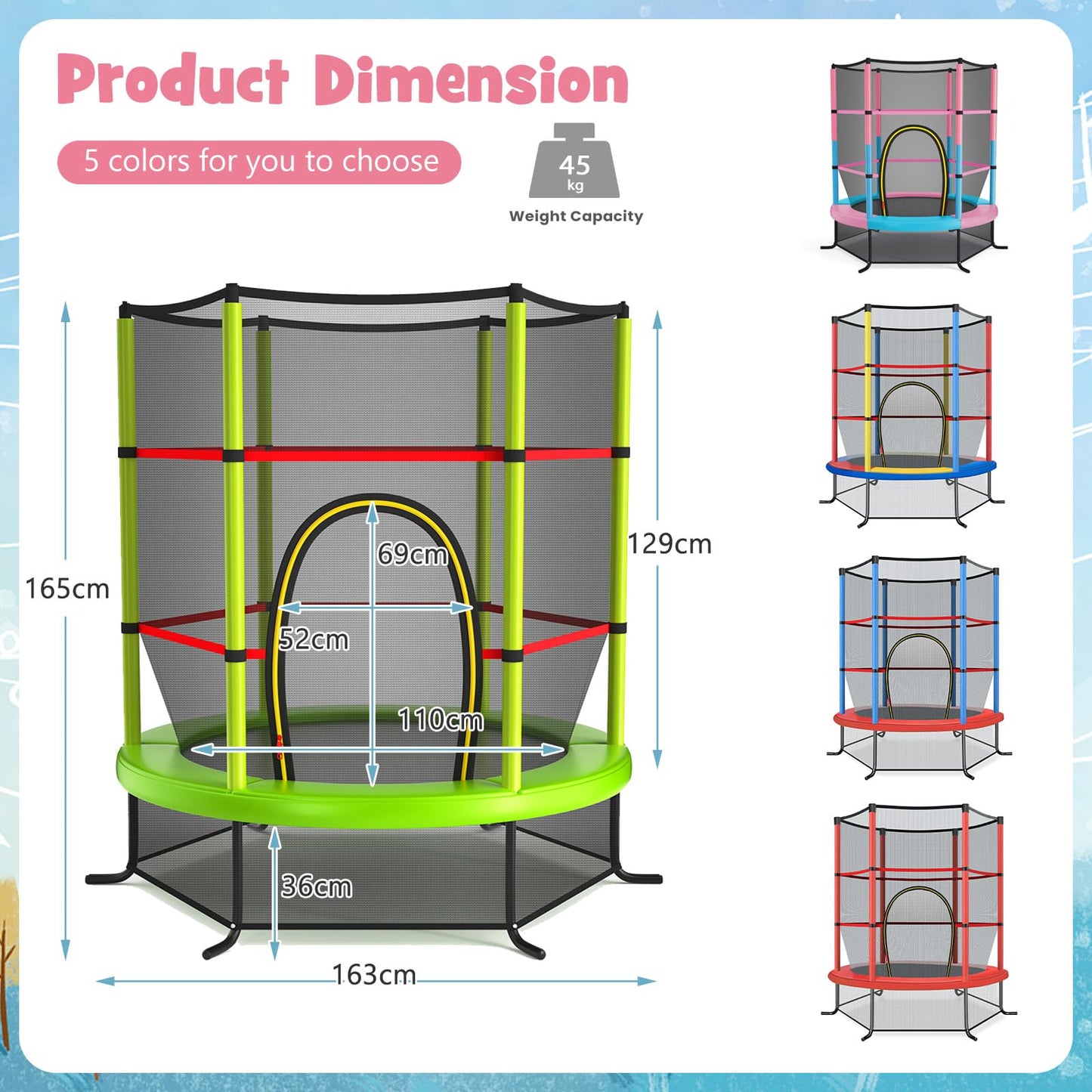 5.3FT Mini Kids Trampoline with 135kg Load Capacity & Enclosure Net