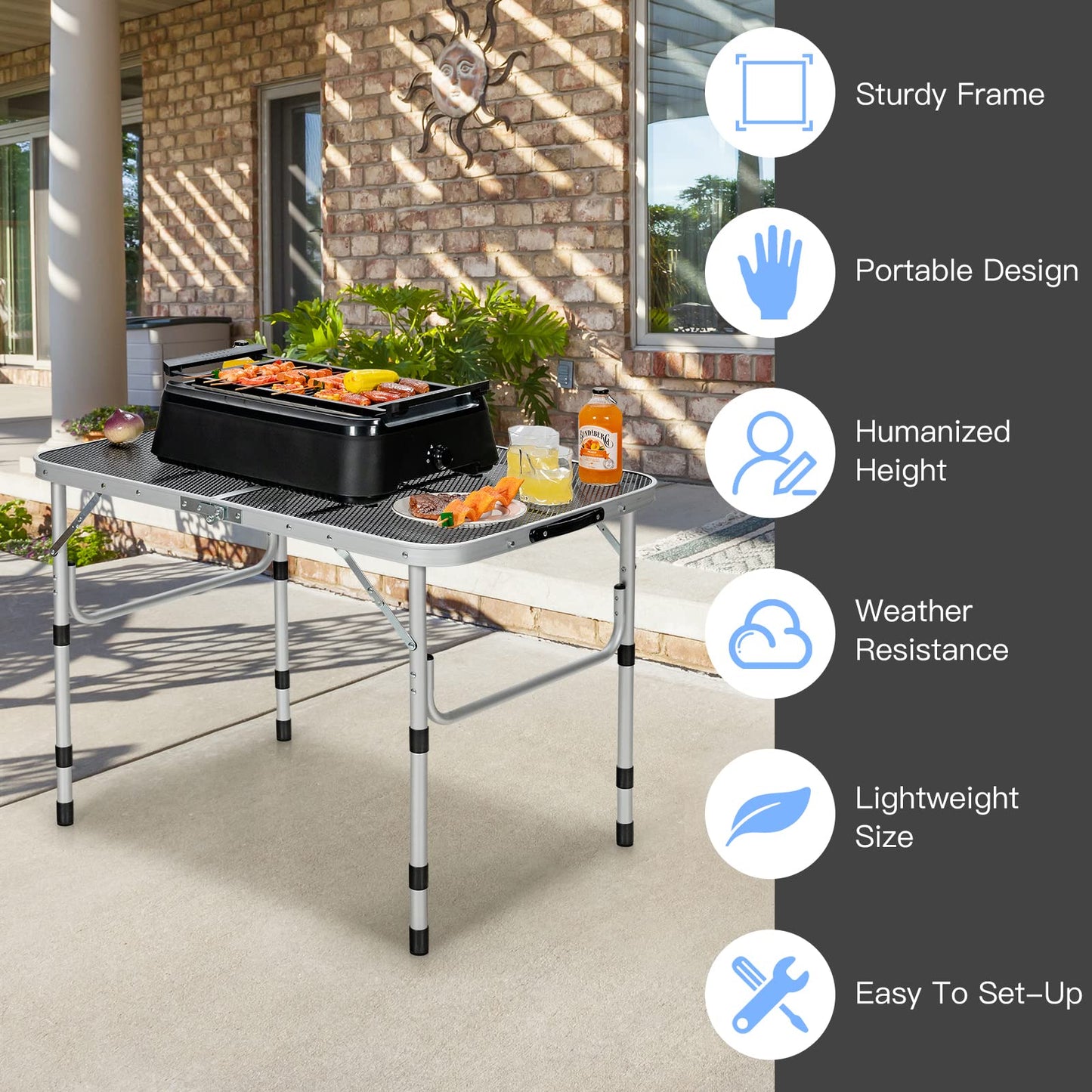 4-Position Adjustable Folding Camping Table With Rust Resistant Iron Mesh Top