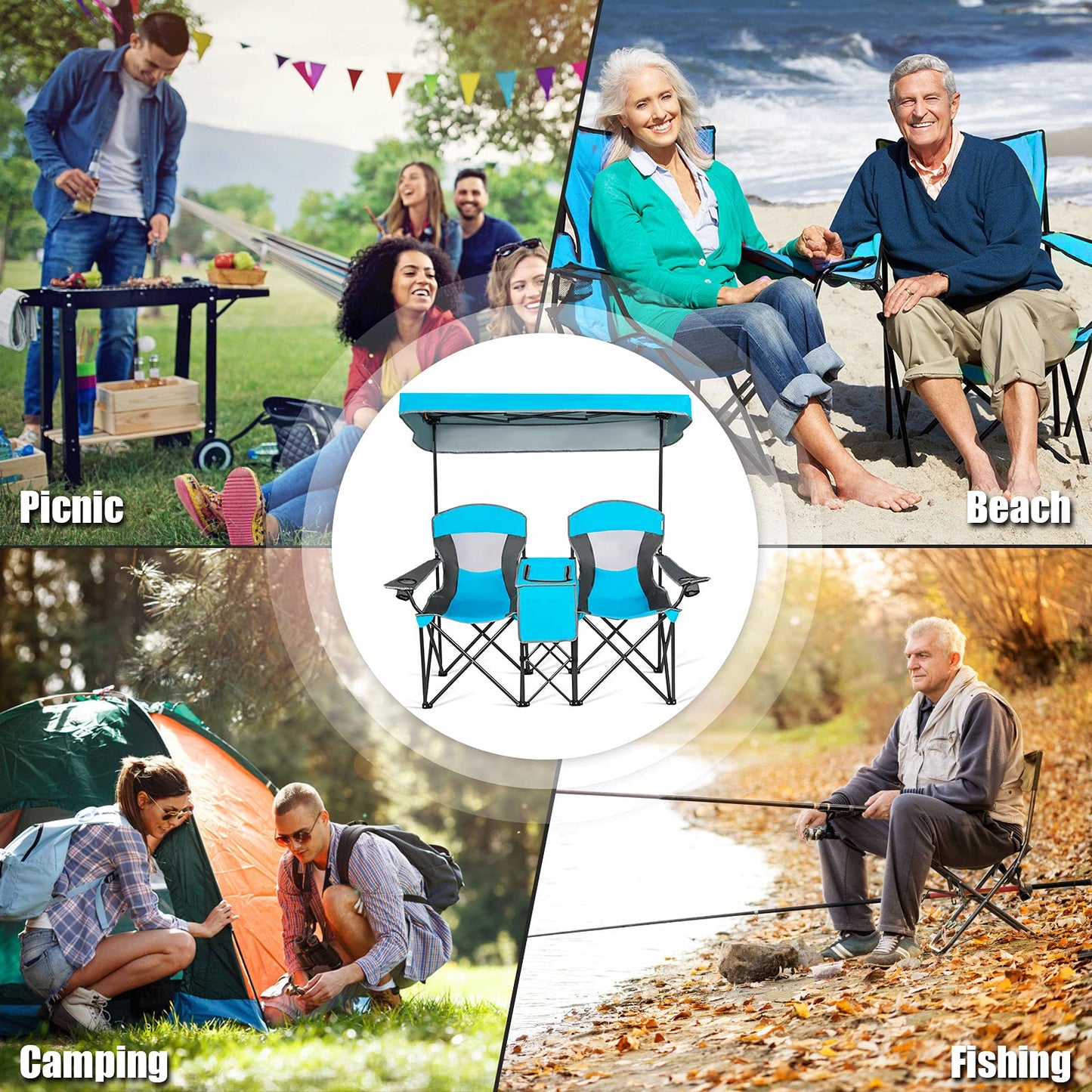 Double Folding Canopy Chair Outdoor 2-Person Camping Seat with Adjustable Sun Shade