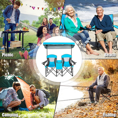 Double Folding Canopy Chair Outdoor 2-Person Camping Seat with Adjustable Sun Shade