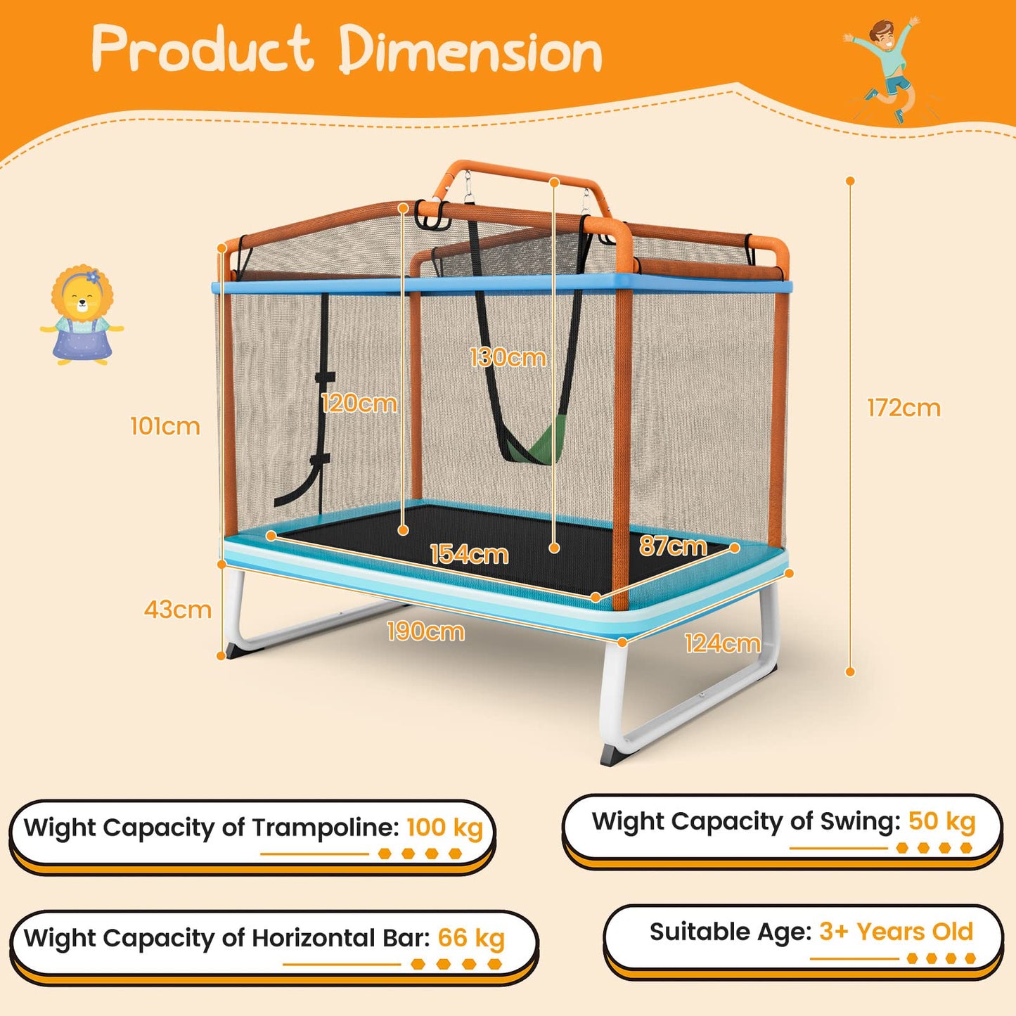 6FT Kids Recreational Trampoline for Boys & Girls Over 3 Years Old