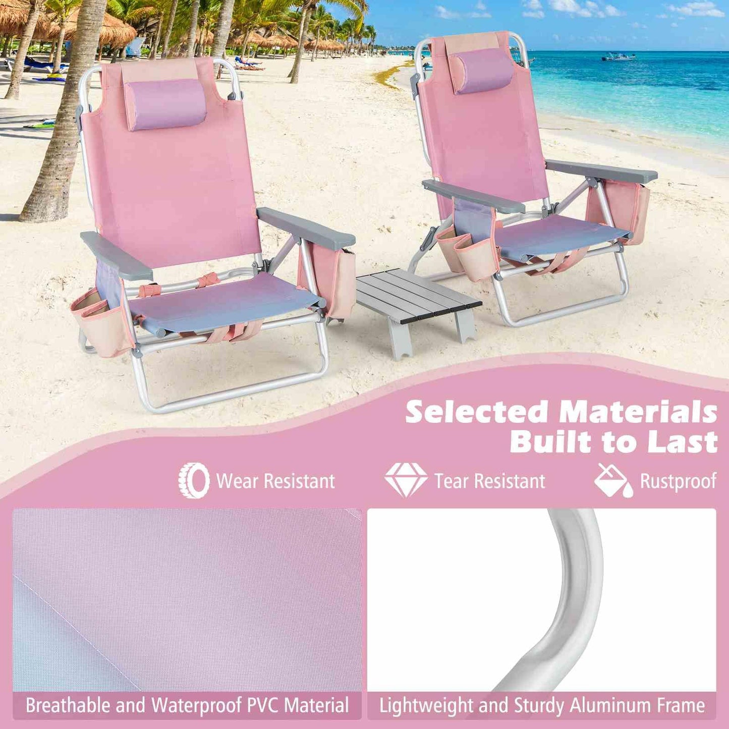 2-Pack Folding Backpack Beach Chair 5-Position Outdoor Reclining Chairs with Pillow