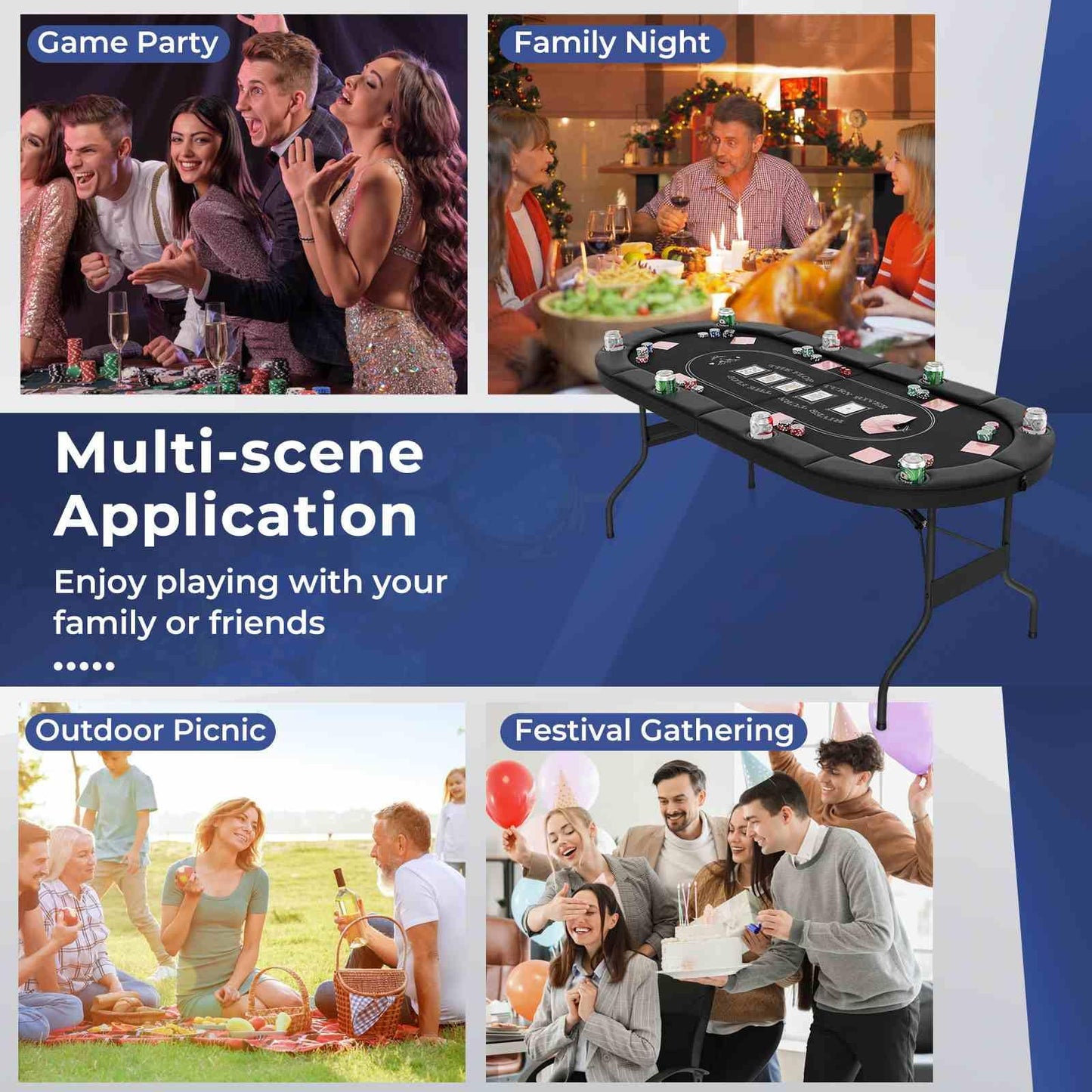 1.8m Foldable Poker Table for 8 Players Portable Oval Card Board Game Table