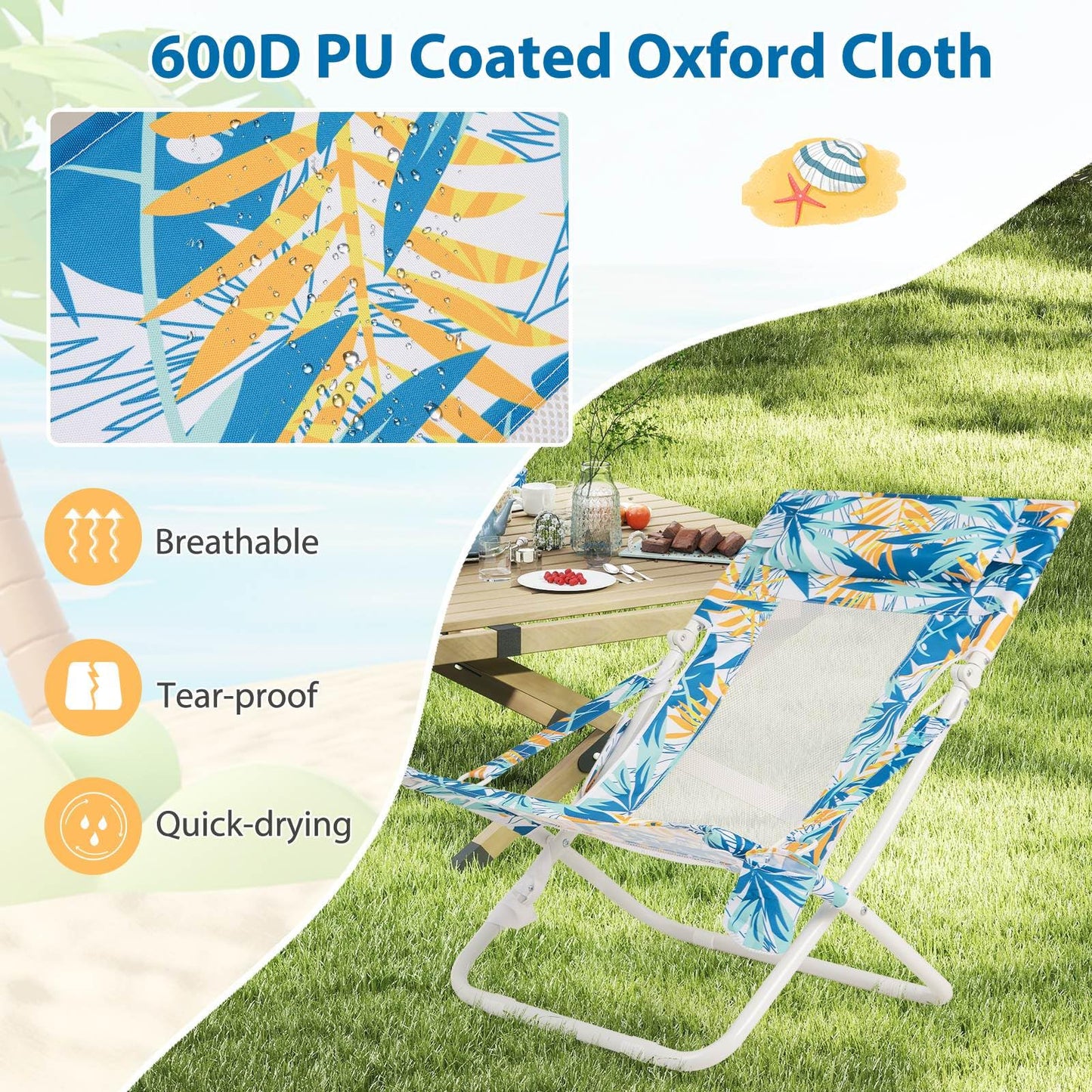 Folding Low Beach Chair Set of 2 with Padded Head Pillow