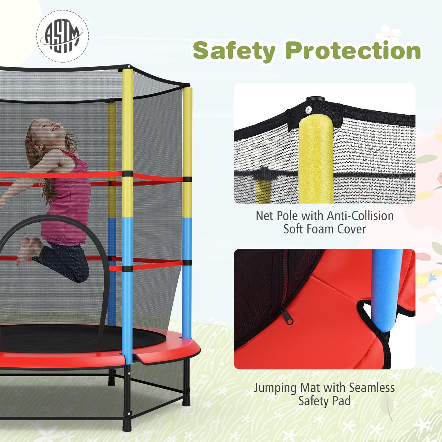 55" Kids Trampoline with Safety Enclosure Net for Boys & Girls Age 3-6