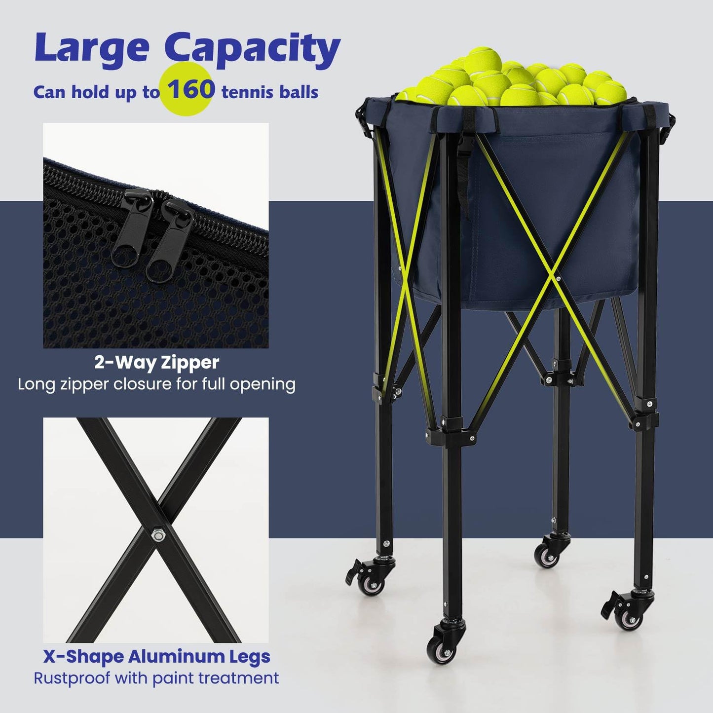 Lightweight Aluminum Tennis Ball Hopper Basket with Wheels and Removable Bag