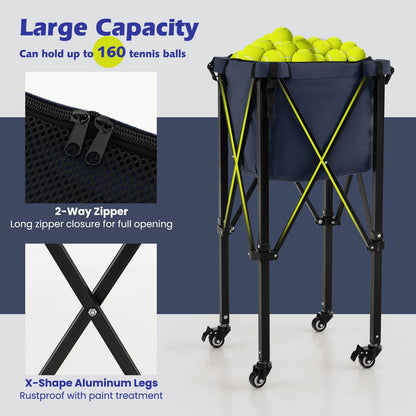 Lightweight Aluminum Tennis Ball Hopper Basket with Wheels and Removable Bag