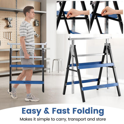 2 Pack Folding Saw Horses Adjustable Height Sawhorse Set with Top Limit Clip