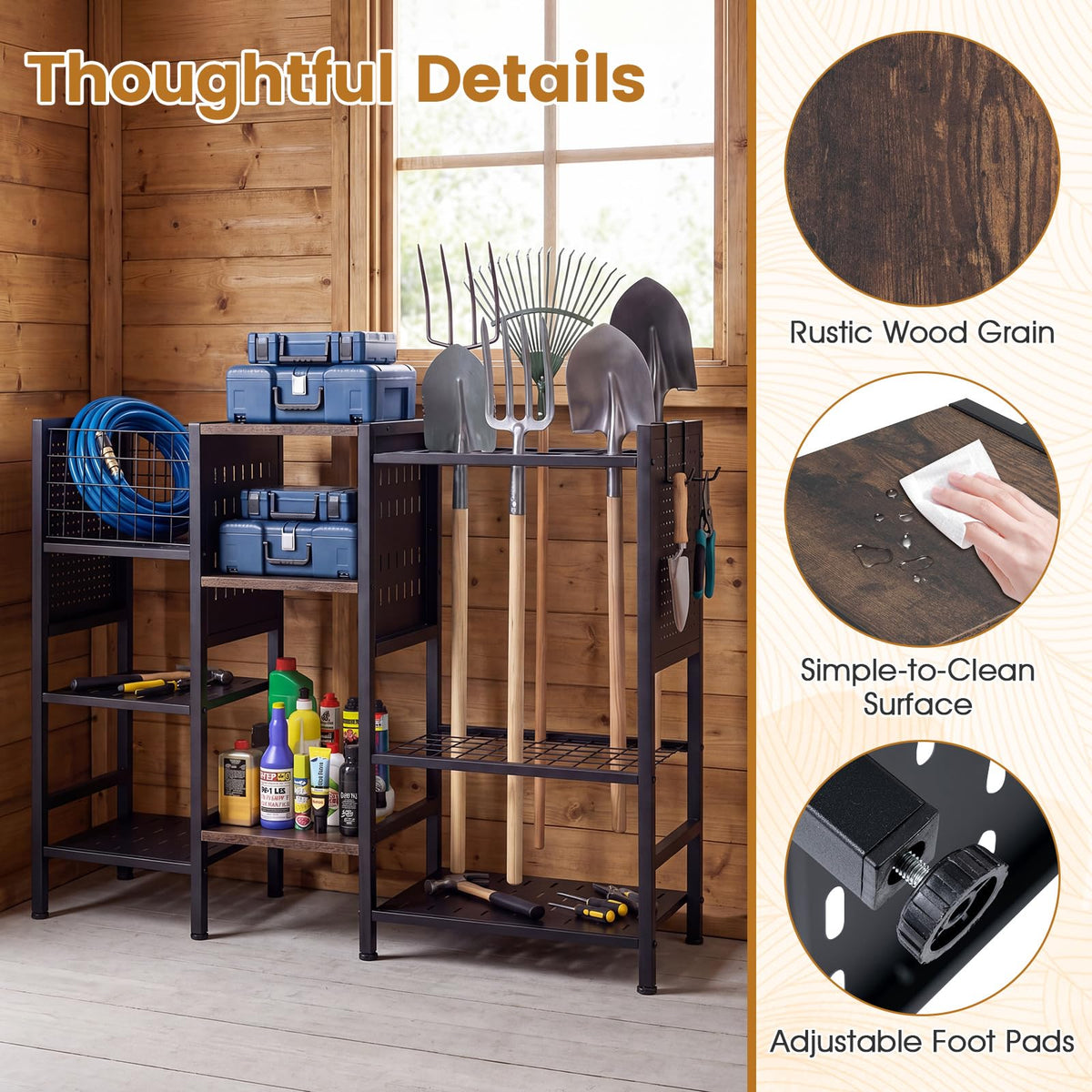 Garden Tool Organizer with Wooden Shelves 3-Tier Yard Freestanding Storage Rack